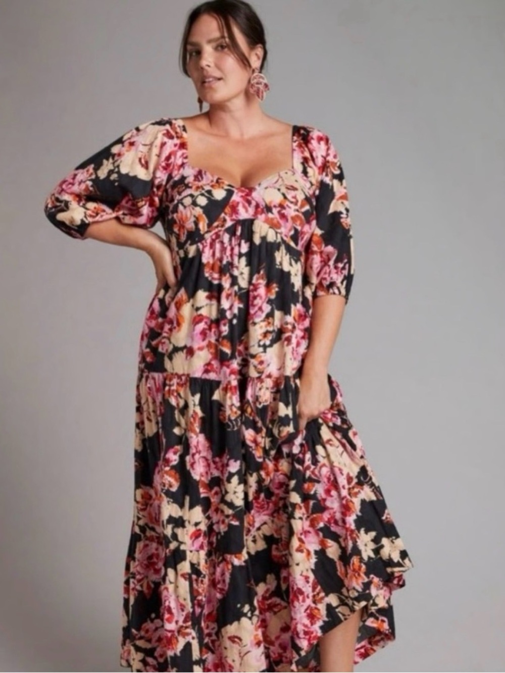 Anthropologie Somerset Puff-Sleeve Maxi Dress Black Pink Floral Tiered M